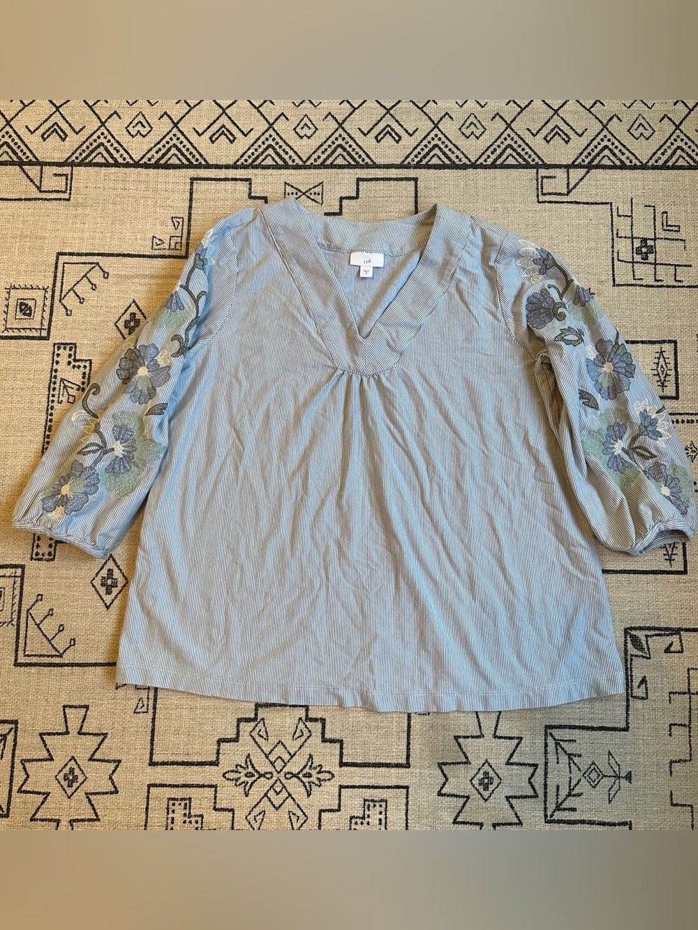 J. Jill Light Blue V-Neck Tunic with Floral Embroidered Sleeves